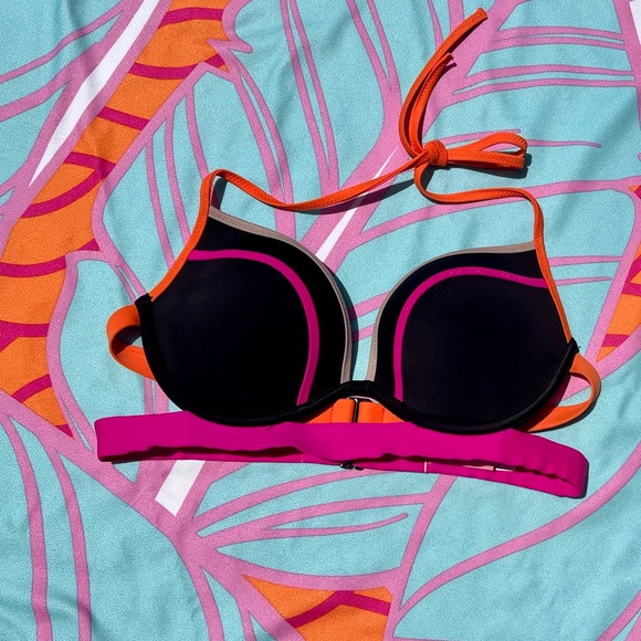 VS Hottie Halter: Victoria’s Secret Double-Banded Bikini Top Black, Pink, Orange - Picture 3 of 7
